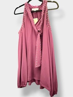MICHAEL Michael Kors Burgundy Long Sleeve Stud-Trim Tie-Neck Top-Size Large